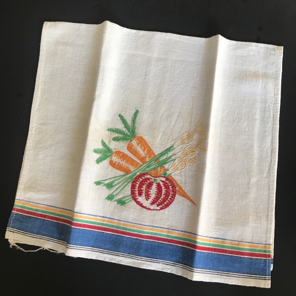 Vintage Cotton Tea Towel Embroidered Fruit